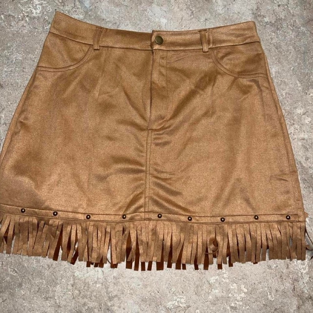 Western Faux Suede Fringe Mini Skirt Camel Brown Studded Festival Boho XL